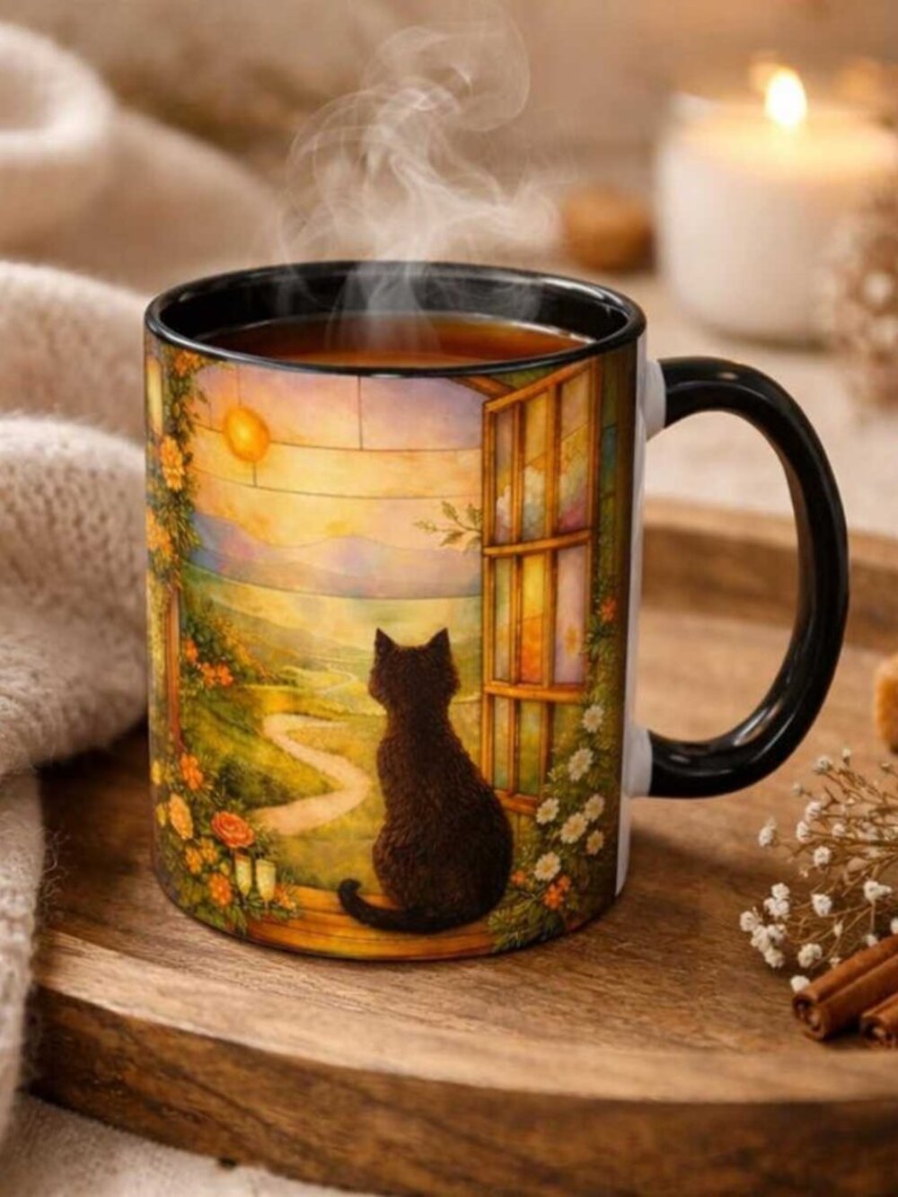 Cottagecore Black Cat Mug, Sunset Window Scene